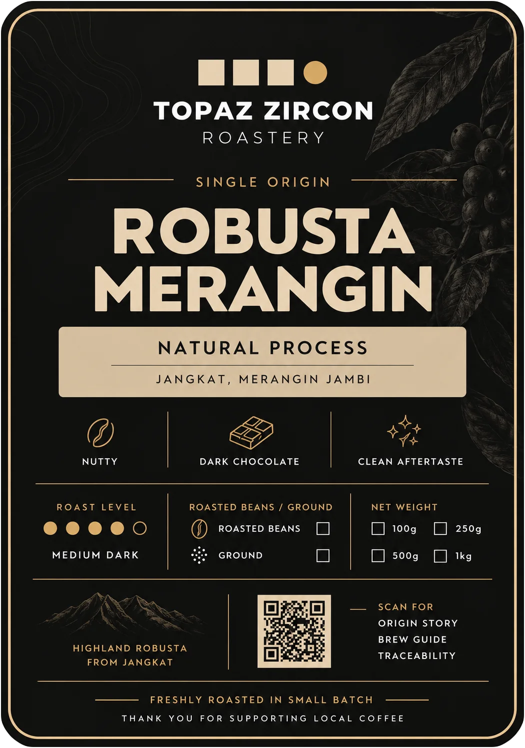 Label kemasan Robusta Merangin dari Topaz Zircon Roastery